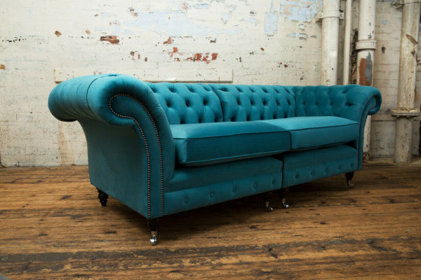 Chesterfield sofas 3-seater couch upholstery seat textile fabric leather couches turquoise