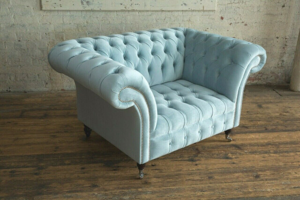 Chesterfield design fabric couch chair 1.5-seater upholstered sofas lounge blue velvet