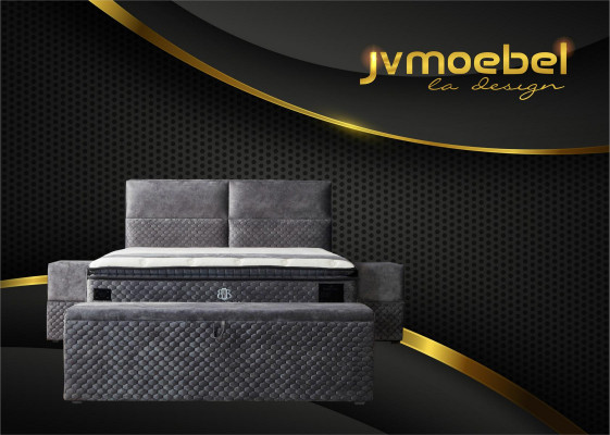 Modern designer luxury bed with 2 nightstands and bench furniture room 4-piece set
