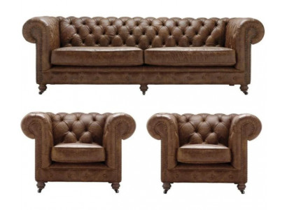 Brown Chesterfield+2 Armchairs Leather Sofas Creative Furniture New Living Room Sofa