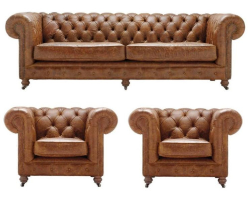 Brown Chesterfield+2 Armchairs Leather Sofas Creative Furniture New Living Room Sofa