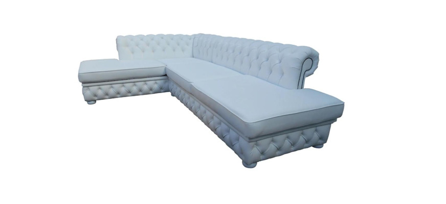 Light blue corner sofa with stool, large textile fabric Chesterfield sofas, 2-piece furniture.