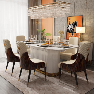 Marble Designer Dining Table + 6 Chairs Set Suite Room Group 7 pcs. Tables
