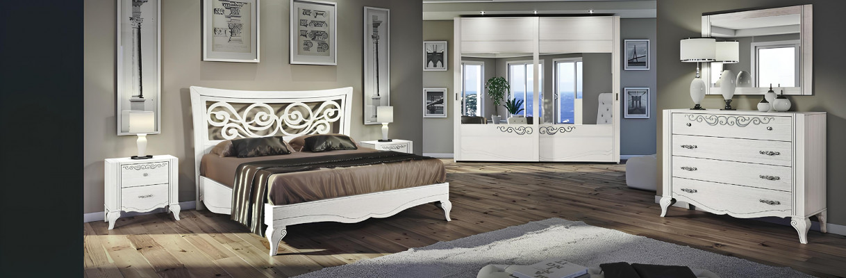 6-piece bedroom set: bed, nightstand, wardrobe, chest of drawers, mirror suite