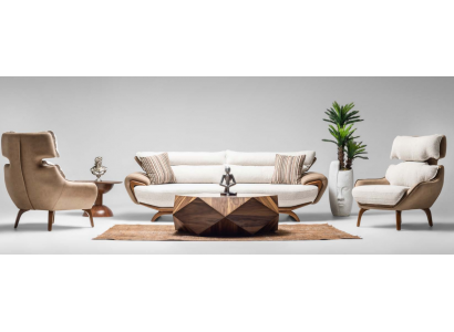 Complete couch set three-seater armchair beige 3-piece upholstered sofa fabric