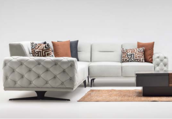 Sectional L-shaped upholstered sofa, fabric sofa, couch, gray sofa, modern fabric.