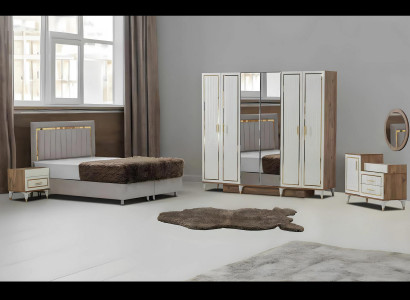 White-Golden Bedroom Set Sleeping Bed Wardrobe Dresser