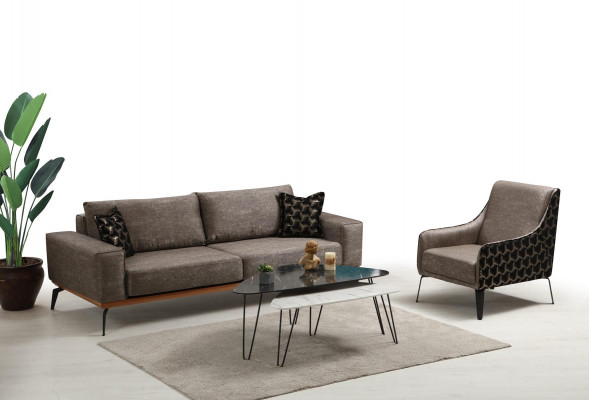 Complete living room sofa suite: 2x 3-seater fabric sofas and armchair, 3 pieces