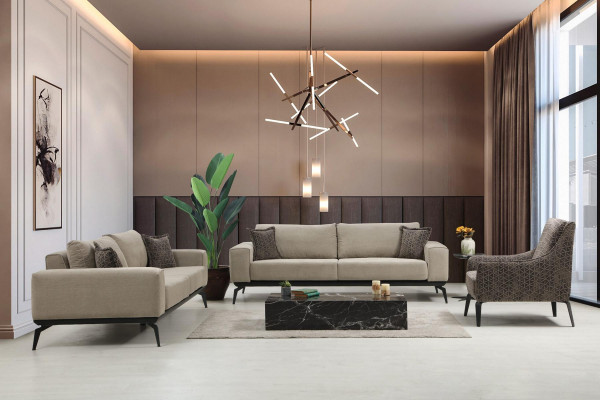 Beige fabric sofas complete set three-seater upholstered sofas armchair.
