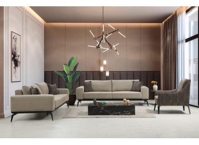 Beige fabric sofas complete set three-seater upholstered sofas armchair.