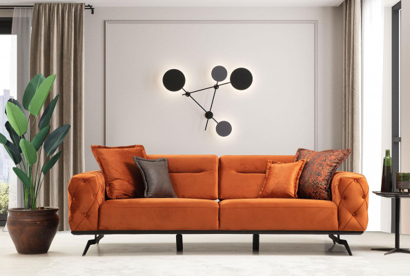 Three-seater couch orange sofa 3-seater upholstery fabric sofa Chesterfield