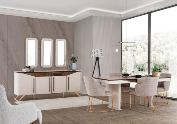 Dining set, dining room, dining nook, dining table, chairs, sideboard, wood, beige, 8-piece