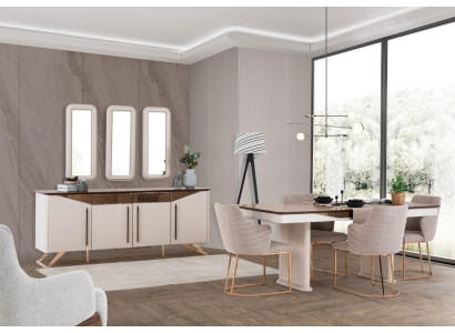 Dining set, dining room, dining nook, dining table, chairs, sideboard, wood, beige, 8-piece