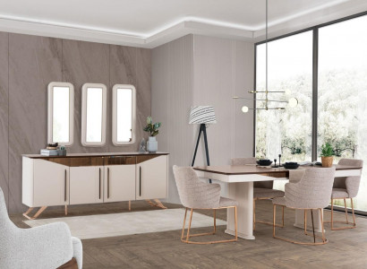 Dining set, dining room, dining nook, dining table, chairs, sideboard, wood, beige, 8-piece