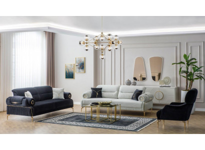 Three-piece blue fabric sofa set: three-seater, armchair, and couch upholstered sofa.