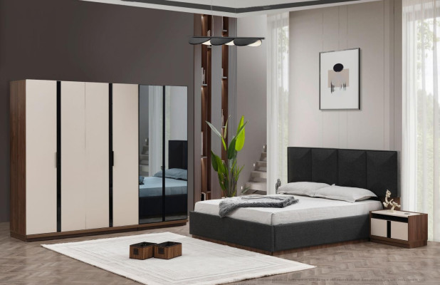 Bedroom set double bed bedside tables wardrobe gray 4-piece