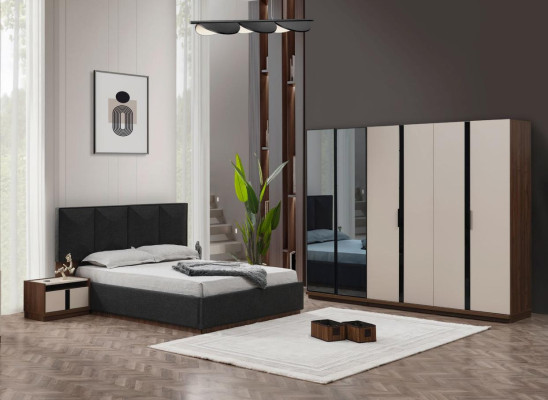 Bedroom set double bed bedside tables wardrobe gray 4-piece