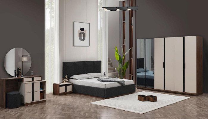 Complete double bed, bedside tables, wardrobe, beige, 6-piece bedroom set