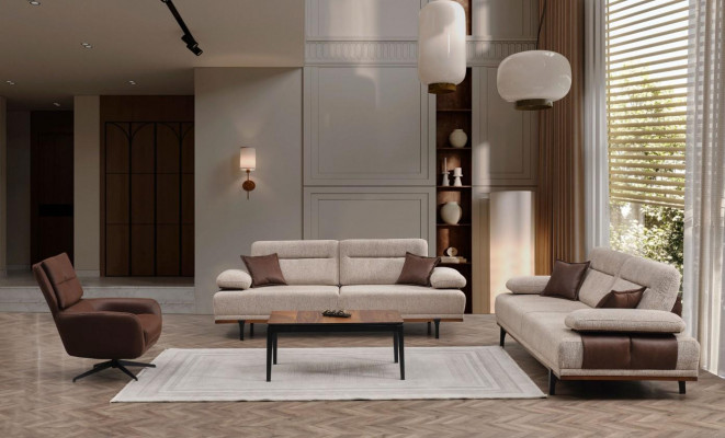 Complete fabric sofa three-seater armchair couch beige 3-piece upholstered sofa set