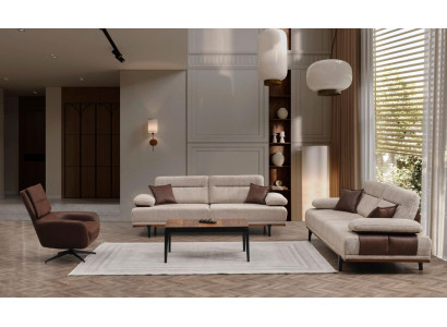 Complete fabric sofa three-seater armchair couch beige 3-piece upholstered sofa set