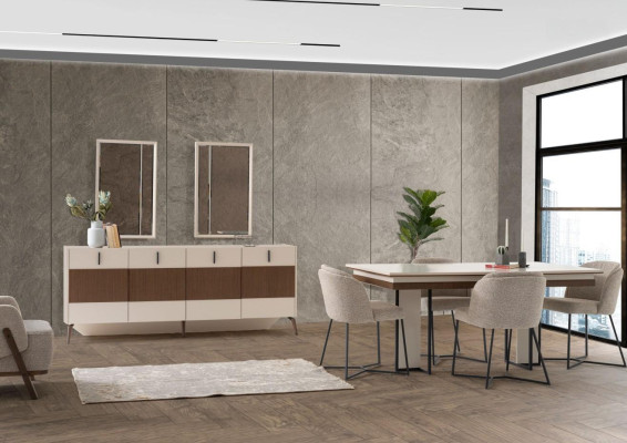 Beige dining group luxurious dining room furniture 6x fabric chairs dining table new
