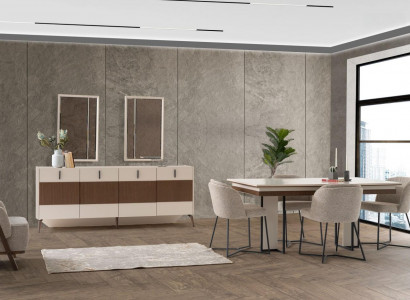 Beige dining group luxurious dining room furniture 6x fabric chairs dining table new