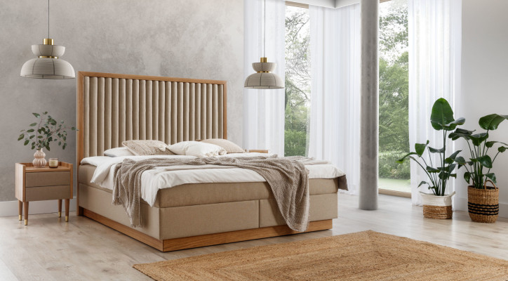 Beige bedroom double bed 2x luxury nightstands noble wood furniture 3-piece set