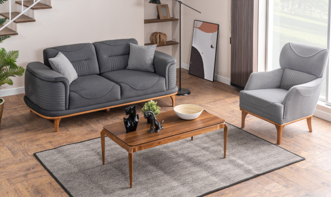 Modern gray 2-piece living room set three-seater sofa and armchair