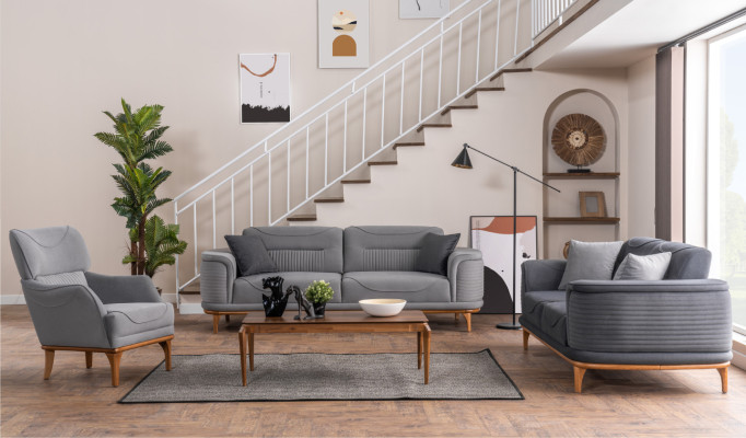 Luxurious Grey 4-Piece Upholstered Suite: Three-Seater Sofa for Living Room