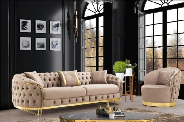 Designer living room set 3-seater sofa and armchair beige color 2-piece new