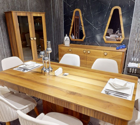 Exclusive light brown dining set wood dining table 6x chairs sideboard