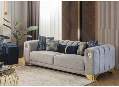 Living room sofa 3-seater gray upholstered sofas design wood textile new modern