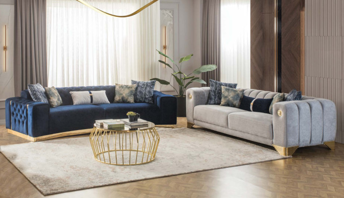 Living room sofa 3-seater gray upholstered sofas design wood textile new modern