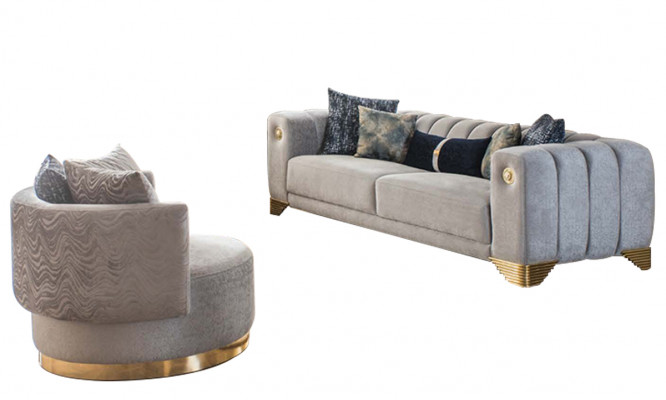 Complete living room, high-quality stylish 3-seater couch, modern gray armchair