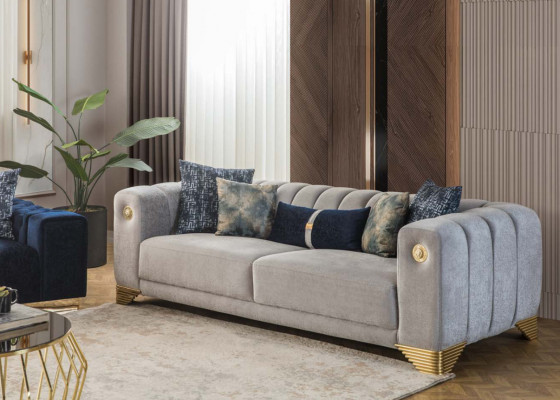 Complete living room, high-quality stylish 3-seater couch, modern gray armchair
