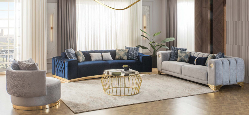 Complete living room, high-quality stylish 3-seater couch, modern gray armchair