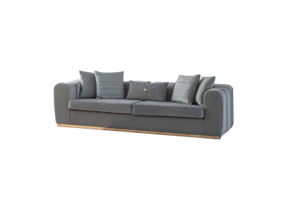 Gray designer textile sofas, 4-seater living room seating set, wooden frame