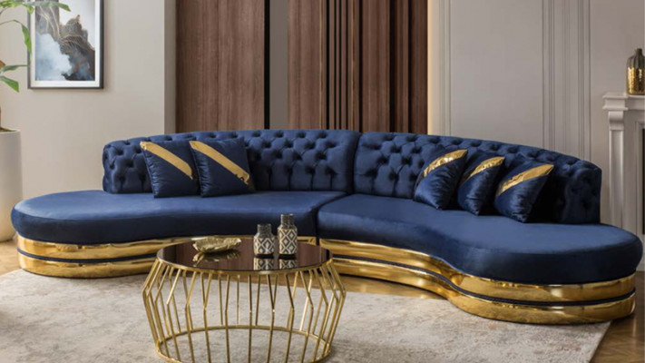 Blue Semi-circular Chesterfield Sofa Designer White Armchair 2-piece Set New