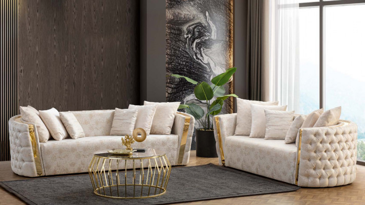 Complete beige Chesterfield seating set, 3-seater upholstery, 2-seater, 2 pieces