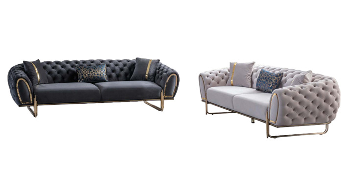 White-Grey Chesterfield Sofa Set Luxurious Textile Sofas 2x 3-Seater