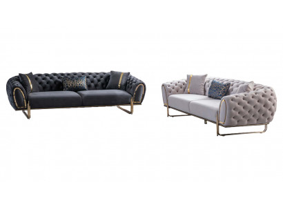 White-Grey Chesterfield Sofa Set Luxurious Textile Sofas 2x 3-Seater
