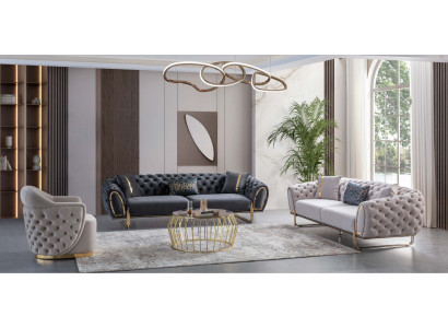 Gray and White Chesterfield Sofa Set Modern 2x 3-Seater Upholstered Armchair