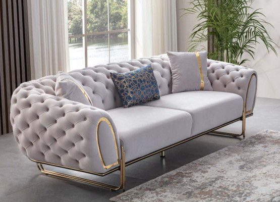 Gray and White Chesterfield Sofa Set Modern 2x 3-Seater Upholstered Armchair