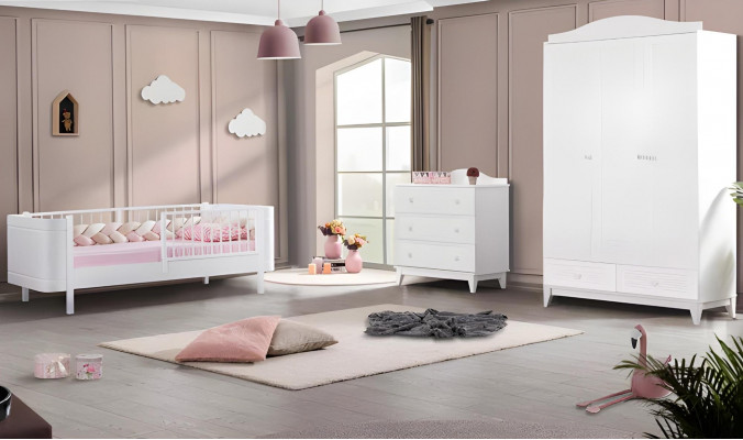 Modern youth room children's room white set luxury bed wardrobe dresser.