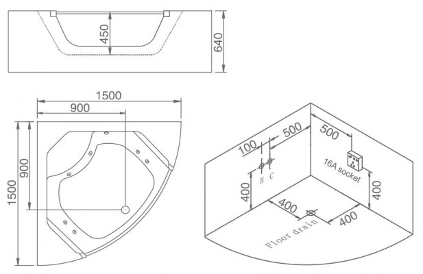 Whirlpool bathtub glass LED light fixtures corner bathtub tub bathtub