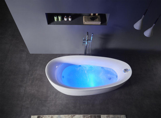 Indoor whirlpool bathtub, corner bathtub, home spa tub.
