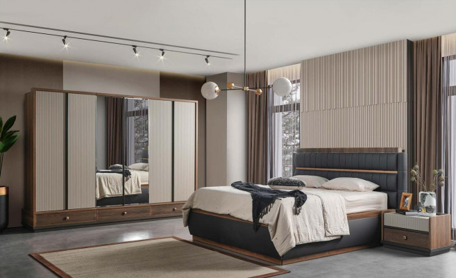 Two-tone bedroom designer set double bed wardrobe dresser