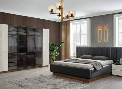 Stylish bedroom designer set textile double bed noble wardrobe