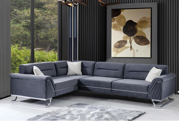 Stylish Grey L-Shaped Couch Living Room Designer Fabric Sofa Corner Couch New