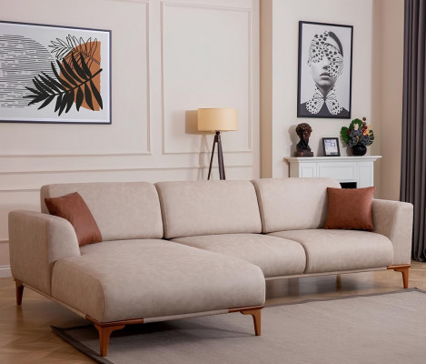 Beige L-shaped corner sofa living room designer couch luxurious seating furniture new
